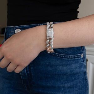 Pink & Silver Cubic Zirconia Cuban Link Bracelet, Chunky Bracelet